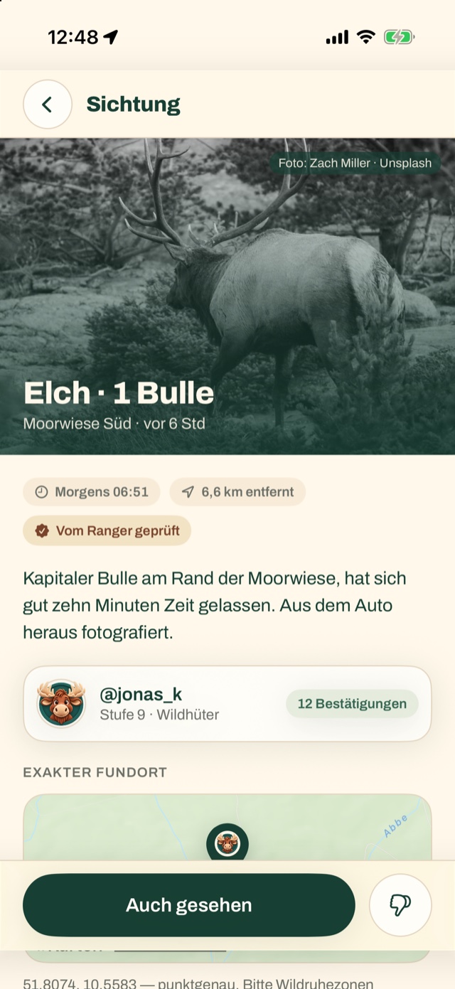 Detailansicht einer Sichtung mit Foto, Entfernung und Bestätigungen