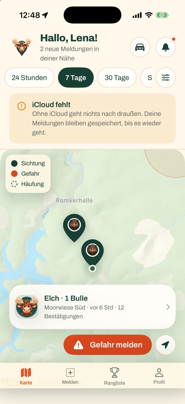 Karte mit Markern für Sichtungen und Gefahrenstellen