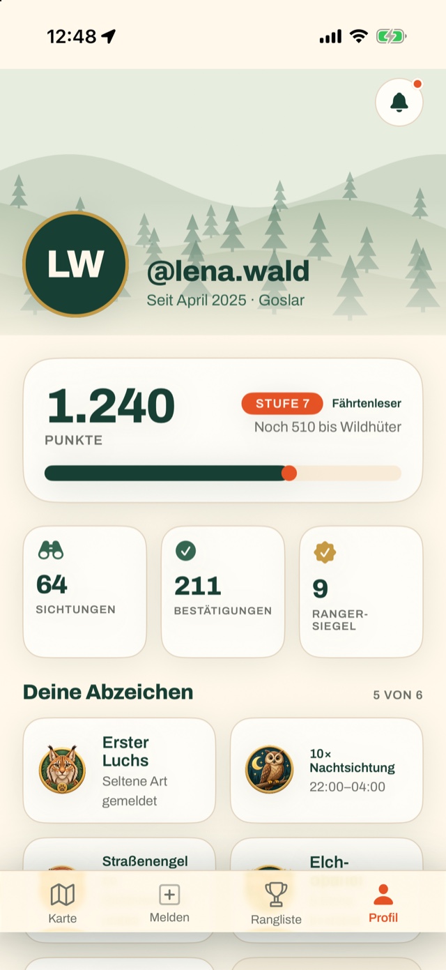 Profil mit Punktestand, Stufe und Abzeichen